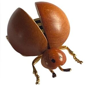 Vintage Wood & Gold Metal Ladybug Brooch Made in West Germany